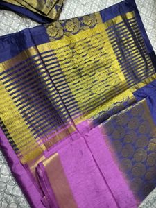 Purple Silk Saree with Navy &amp; Gold Border