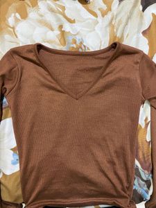 Brown V Neck Long Sleeve Top😍