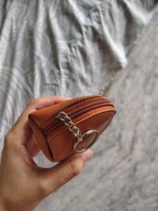 Brown Floral Pouch With Keychain Attachment