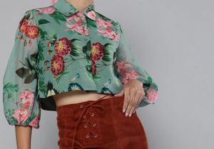 Women Collared  Green Balloon Sleeved Shirt