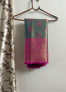 Blue Pink Semi Pattu Saree With Unstitched Blouse