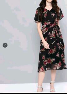 Floral Print Black Midi Dress