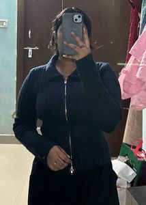 Navy Zip-Up Knit Jacket