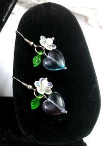 Handmade Blue Heart Earrings with Flower and Leaf