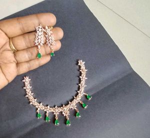 Rose Gold AD Green Necklace Set