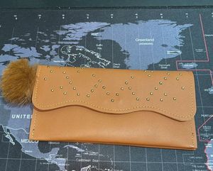 Brown Studded Wallet with Pom