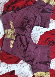 Burgundy Silk Saree with Gold Border And Blouse