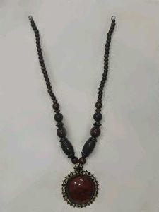 Beaded Necklace with Red Stone Pendant