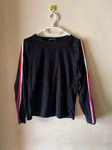 Black Full Sleeves Tshirt With Side Stripes On Sleeves