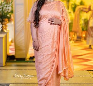 Beautiful Peach Saree with Feather Detail