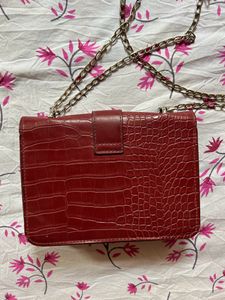 Red Sling Bag With Chain Strap