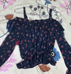 Blue Shrill Frilled Floral Top