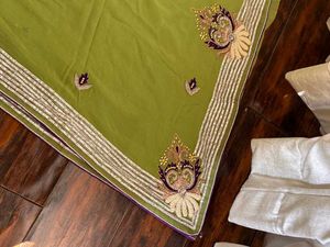 Olive Green Saree-Intricate Embroidery &amp; Blouse