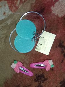 Blue Ear Rings And Cute Pink Hair Clips