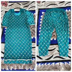 Peacock Velvet Golden Work Suit