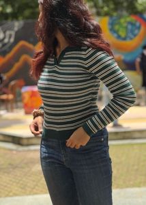 Stripped Flat Knit Sweater Top