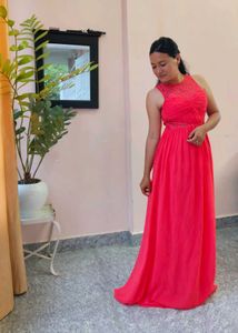 Elegant Coral Maxi Dress with Lace Detail