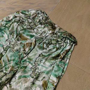 Green Floral Printed Satin Skirt
