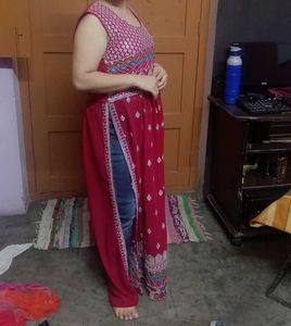 Red Embroidered Kurti with Side Slits