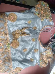Silver Lengha With Green And Pink Contrast