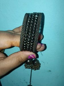 Silver Beaded Bangle with Jhumka Charms