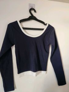 Navy & White Long Sleeve Crop Top