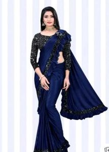 Ready to Wear Lycra Blend Navy Blue Ruffle Saree