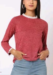 Red Long Sleeve Top with Lace Cuffs