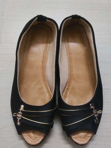 Black Peep-Toe Flats with Gold Accent