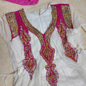 White &amp; Pink Embroidered Anarkali
