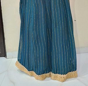 Teal &amp; Gold Embellished Gown Peacock Blue