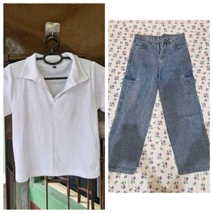 White Crop Top And Cargo Jeans Combo.