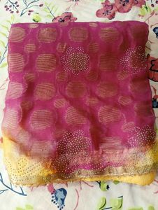 Chiffon Yellow And Pink Saree with Blouse