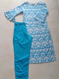 A Branded Blue Colour With White Print Kurta Set