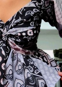 Black, White and Grey patterned puff-sleeve top