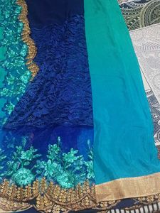 Elegant Teal Saree  Floral Details with stic