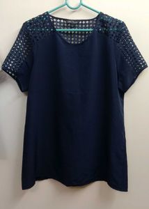 Navy Blouse with Lace Shoulder Detail
