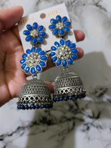 Women Fashion Earrings Blue Stones Oxidised Silver