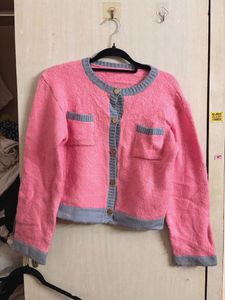 Pink Cardigan with Grey Trim