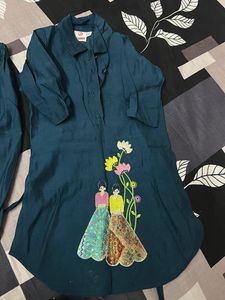 Teal Blue Kurti Set For Kids