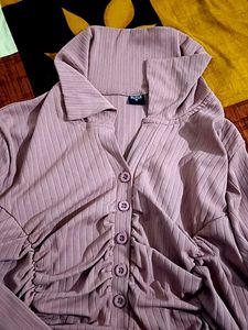 Mauve Ribbed Ruched Long Sleeve Top