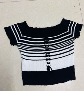 Striped Lace-Up Crop Top With Black Korean Pants