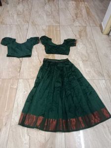 Green Pattupavada With 2 Blouses