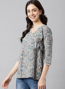 Grey and Blue Floral Printed Cotton Wrap Top