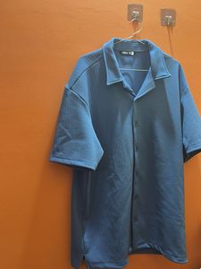 Blue Ribbed Button-Down Shirt