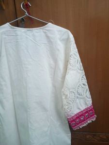 cream pink work kurta set