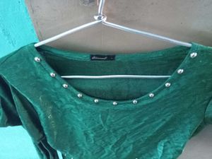 Green Synthetic Flared Top | Pearl Neck Work