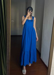 NEW LOOK Square Neck Back-Tie Midi Dress in Blue