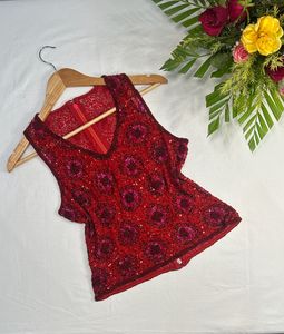 Red Sequin Beaded Sleeveless Top