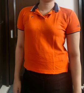 Women Orange Cotton Casual Polo Tshirt